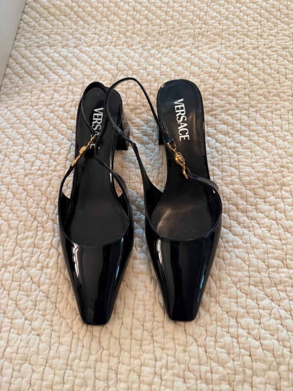 **Versace Black Patent Leather Slingback Pumps**